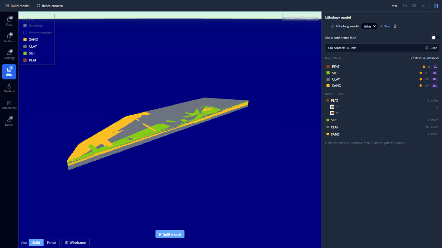 Watertight 3D lithology model with SAND, CLAY, SILT and PEAT bodies